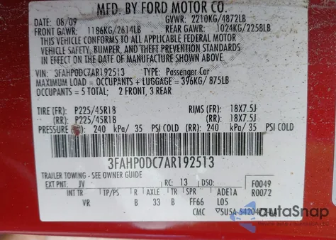 2010 Ford Fusion Sport из США, поврежденный, VIN 3FAHP0DC7AR192513